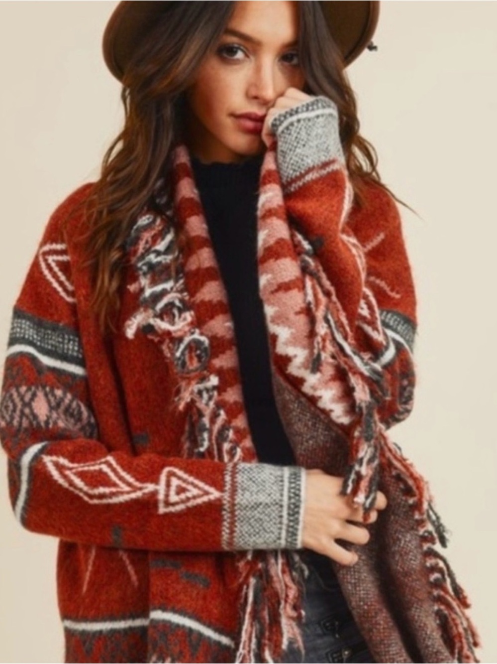 Doe & Rae Rust Aztec Fringe Open Cardigan with Gray Trim